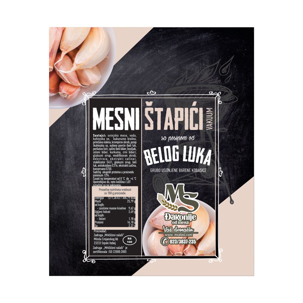 Mesni štapići sa posipom od belog luka vakuum 160g